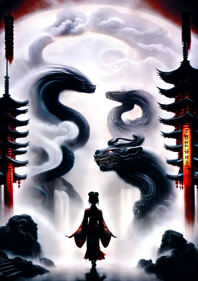 (guiguai),(1girl:1.2),1 girl stands in front of a huge monster,1lady standing,(full body:1.1),(looking at viewer:1.5),detailed face,detailed eyes,dramatic lighting,monster,wing,red lanterns,(chinese-style architecture:1.2),translucent soul,luminous,atmospheric reentry,with vast sky,continuous mountains and steep cliffs,atmospheric atmosphere,depth of field,mist rising,stone pavilions,waterfalls,shuimobysim,bonian,from below,