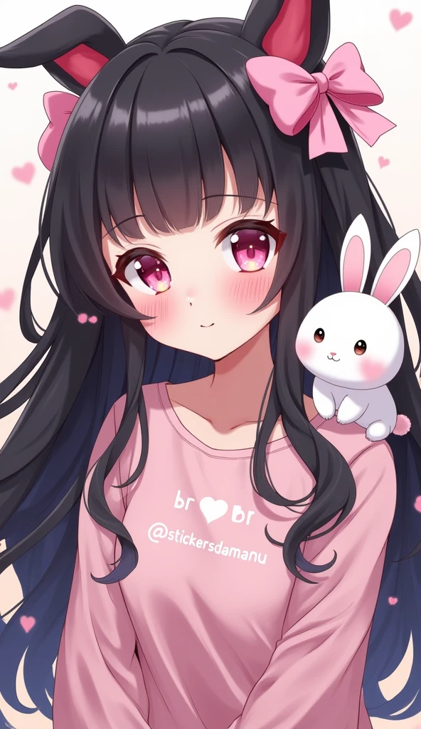 anime with long black hair, with 2 pink bows on the head, pink details, with a fluffy white rabbit on her shoulder, written on the shirt in Portuguese BR stickers of the best, and below stickers of the best writing @stickersdaManu