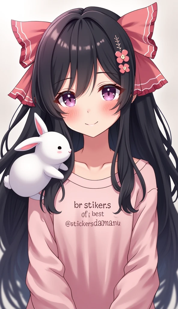 anime with long black hair, with 2 pink bows on the head, pink details, with a fluffy white rabbit on her shoulder, written on the shirt in Portuguese BR stickers of the best, and below stickers of the best writing @stickersdaManu