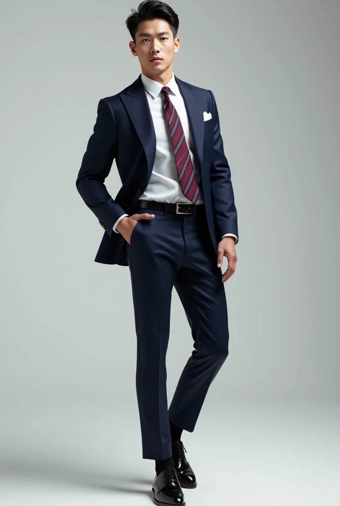 a tall lean muscular asian male model, detailed face, beautiful detailed eyes, beautiful detailed lips, extremely detailed eyes and face, long eyelashes, white dress shirt, Wool Navy suit with width peak lapel, black oxford dress shoes with black dress socks, Burgundy/Navy stripe necktie,  high fashion, dynamic pose, studio lighting, 8k, best quality, photorealistic