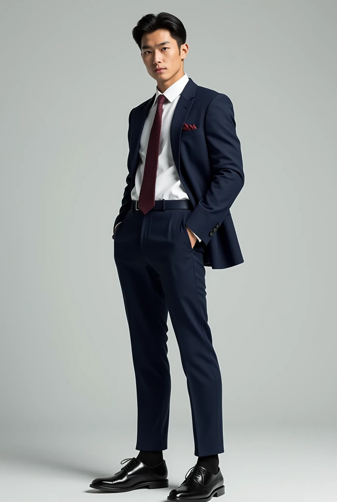 a tall lean muscular asian male model, detailed face, beautiful detailed eyes, beautiful detailed lips, extremely detailed eyes and face, long eyelashes, white dress shirt, Wool Navy suit with width peak lapel, black oxford dress shoes with black dress socks, Burgundy/Navy stripe necktie,  high fashion, dynamic pose, studio lighting, 8k, best quality, photorealistic