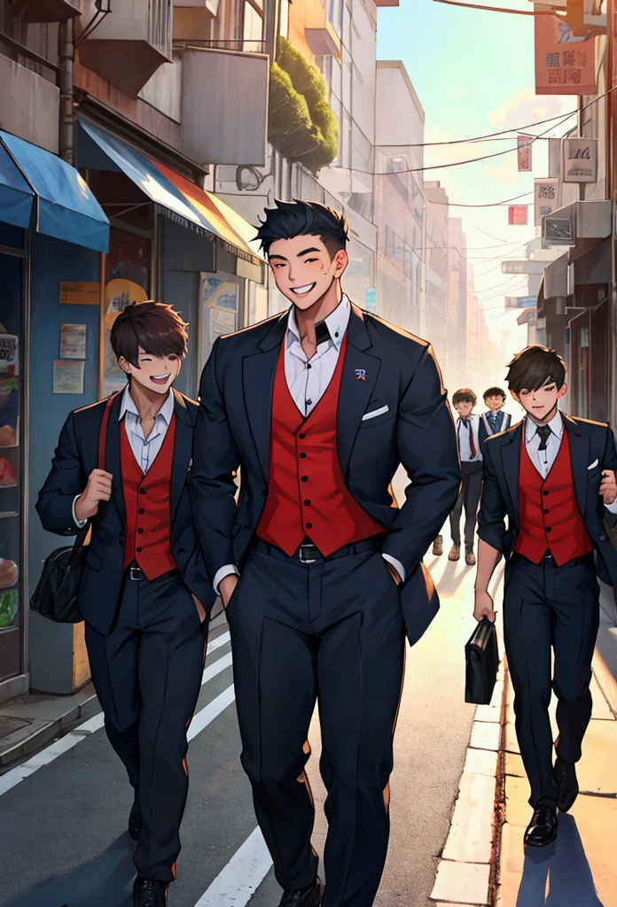 A group of four high school boys returning from club activities、Large muscular body、Happy Face、uniform、City roads