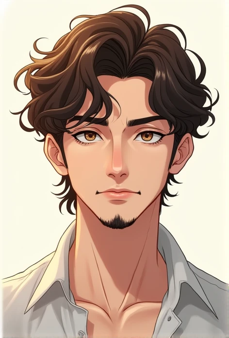 Anime young Man 17-19 yo of medium height, just from the waist up, curly brown hair, looking straight ahead, goatee and mustache. image without background. White skin