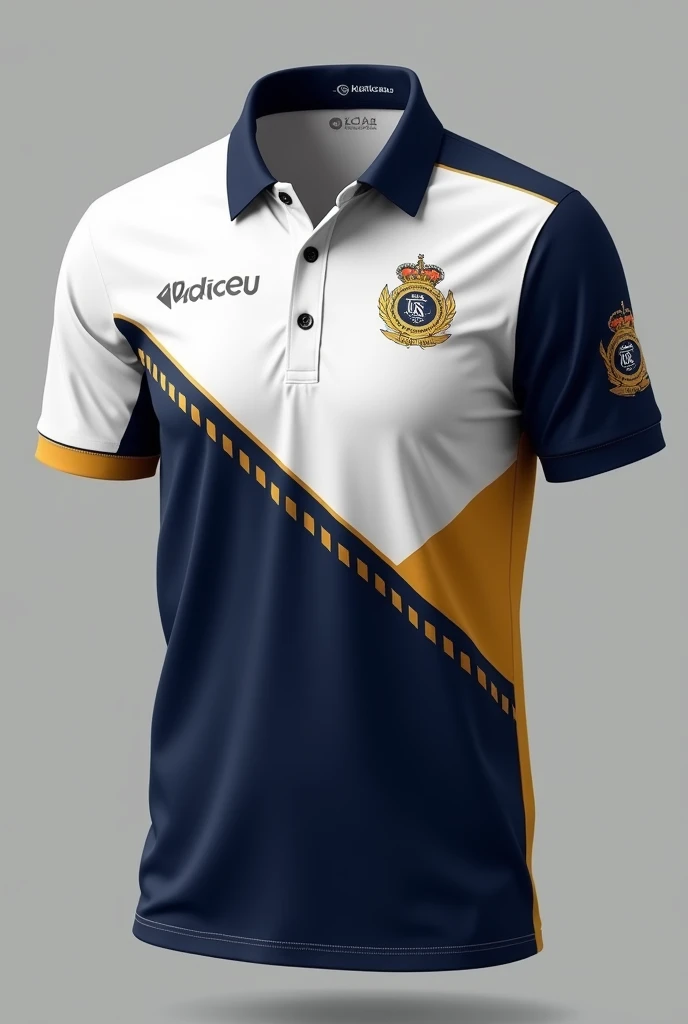 make me an organizational polo shirt for our uniform. color white, navy blue, and super less mustard. put design, graphics