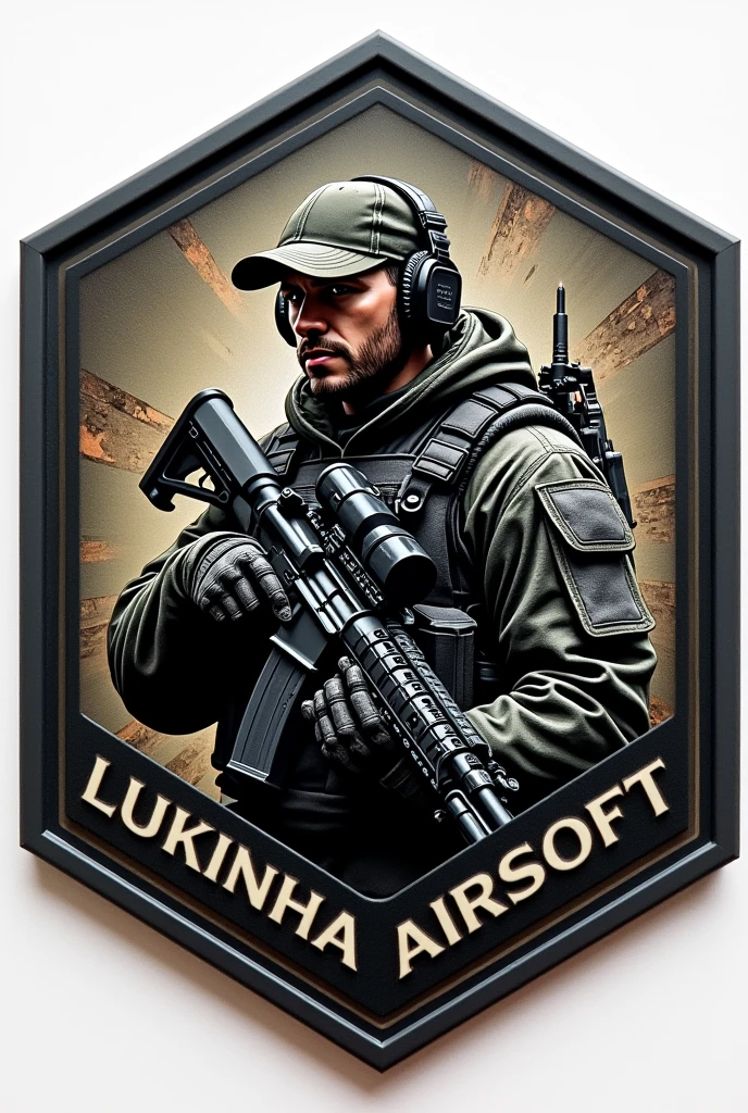 Create Hexagonal Rubber Patch, military coat of arms with an operator carrying an m4 rifle wearing a cap and headphones in the center and the name Lukinha Airsoft