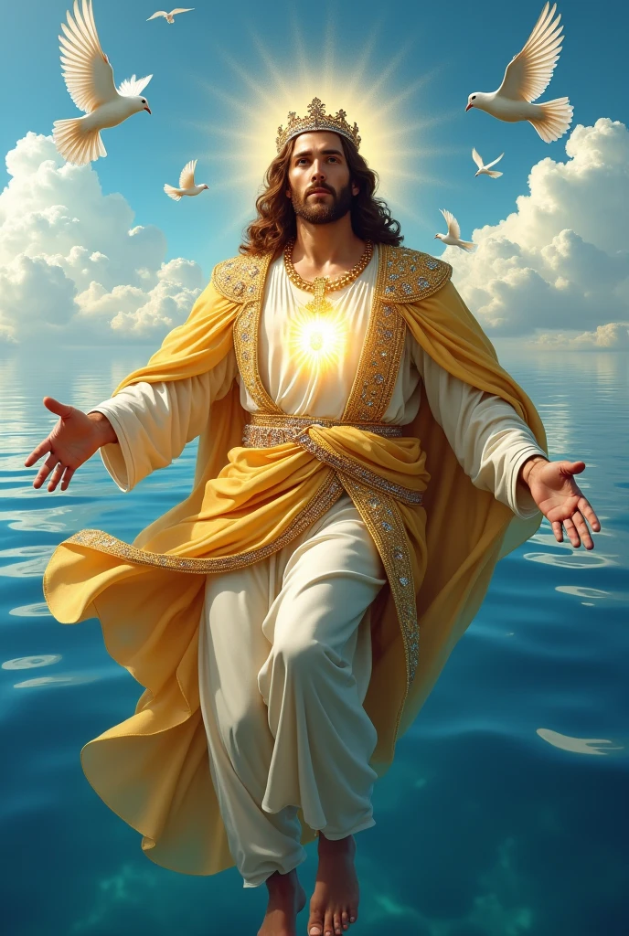 (photorealism:1.2), handsome Jesus Christ, his feet is visible floating in the blue water of the sea, wearing the yellow color of King elegant clothes with many diamonds and crown sparkling with light, the head and heart lighting all over, focus on face looking at the camera, nice hair, outdoors, feet finger is five, bright lighting, so many clouds and blue sea water in the background, so many clouds and dove all over, cozy blue sea, relaxed pose, realistic, intricate details, bright colors,
