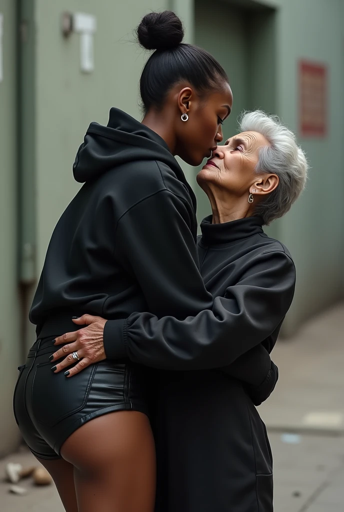 black woman hair in a bun black hoodie   black leather short shorts   a old grandma in a dress on her knees kissing her ass behind her squeezing her butt