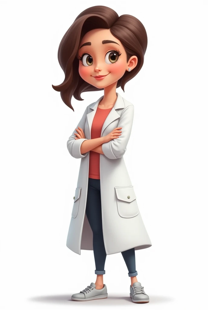 Woman in psychologist's lab coat standing full body cartoon drawing white background