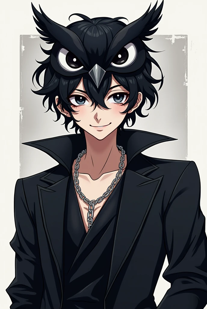 Make a dark-haired male character with curly black hair, with black eyes, With a smile on his face, an owl hat, a black outfit with a silver chain, do this in the style of the logo for the YouTuber