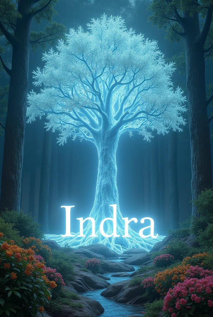 magical scene, tree of white light with bright flowers on the sides, near the roots in the center the word "indra" will be written in luminous serif letters