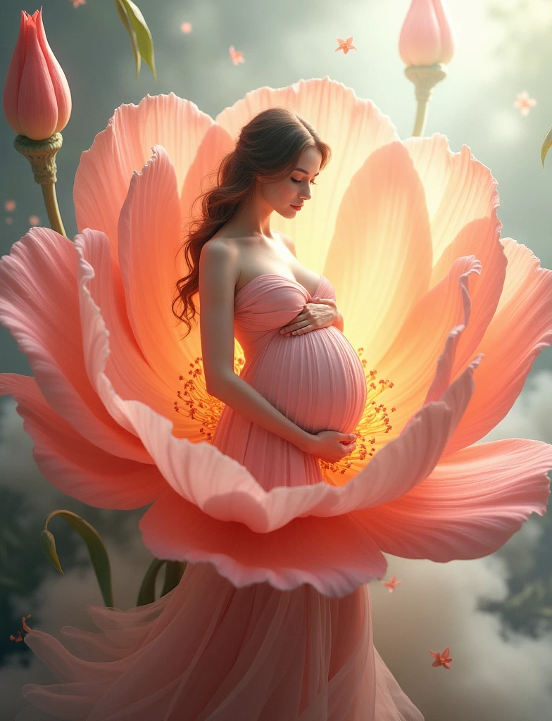 pregnant woman in blue dress standing in a large flower, digital art inspired by Igor Kieryluk, trending on cg society, digital art, maternal photography 4 k, perky woman made of petals, pregnant belly, stunning elegant pose all pose different , flower goddess, lady with glowing flowers dress, maternity feeling, dressed in a flower dress, photo manipulation, beautiful and graceful, pregnant, leaf flowing in air, cloudy effect  some flowers leaf 
