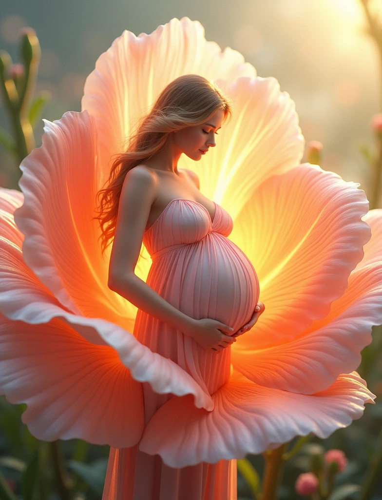 pregnant woman in blue dress standing in a large flower, digital art inspired by Igor Kieryluk, trending on cg society, digital art, maternal photography 4 k, perky woman made of petals, pregnant belly, stunning elegant pose all pose different , flower goddess, lady with glowing flowers dress, maternity feeling, dressed in a flower dress, photo manipulation, beautiful and graceful, pregnant, leaf flowing in air, cloudy effect some flowers leaf