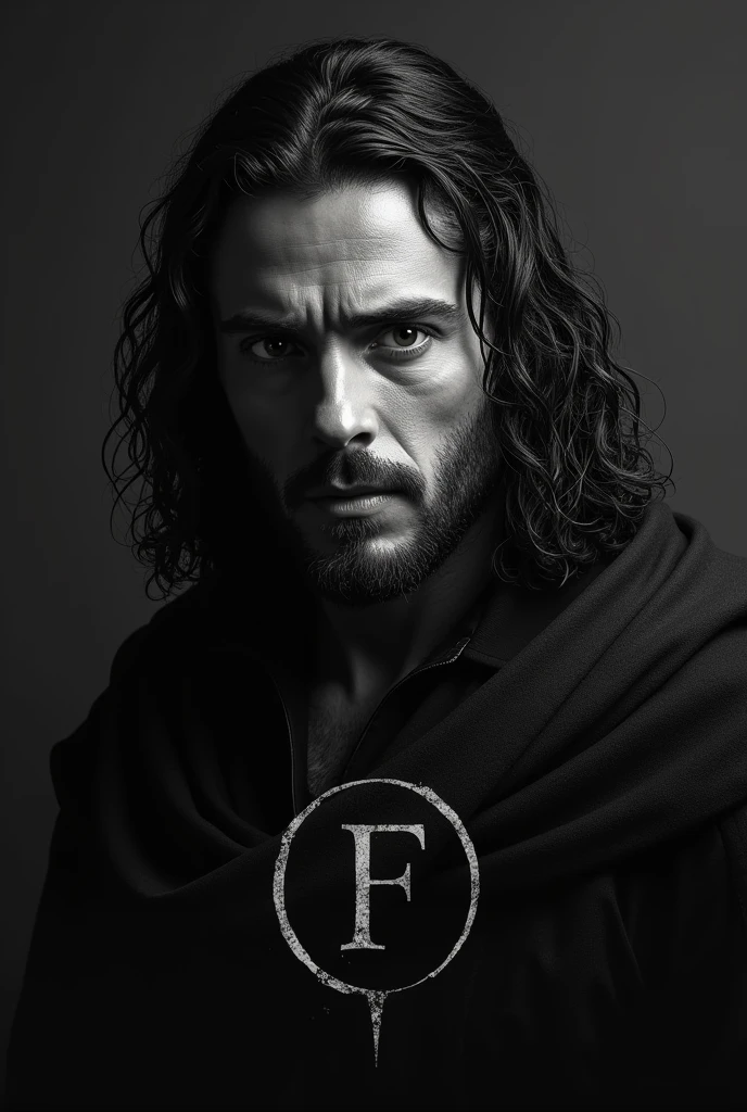 now create a black and white image of Aragorn from lord of the rings, with a logo in the center, containing only the 3 letters FTM