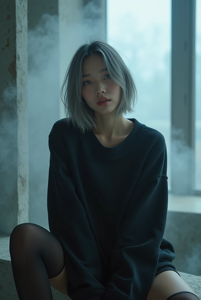 (nsfw:1.3), masterpiece, Best Quality, hyper Realistic, A mysterious and sophisticated beautiful young gravure Japanese woman with blue eyes wears futuristic and sexy fashion art. sitting back shot, focus ass, from below, Detailed clothing, woman is climbing at a wide angle, with her full body in frame. large Butt, sexy large breasts, slim waist, Her outfit includes see-through BLACK micro under wear with see-through BLACK over sized sweat, adding a minimalist beauty. She accessorizes with futuristic accessories and wears technical sneakers. Her demeanor exudes harmony and striking simplicity, The wear hugs her body tightly, accentuating her curves and digging sensuously into her skin, hyper small head and face, wide and big Duck mouth, half open mouth, perfectly aligned teeth, perfect beautiful wide teeth, Detailed eyes, light blue eyes, half open eyes, shiny Droopy eyes, gray hair, looking other, She is situated within the interior of a futuristic colony, with mist drifting and steam rising from concrete