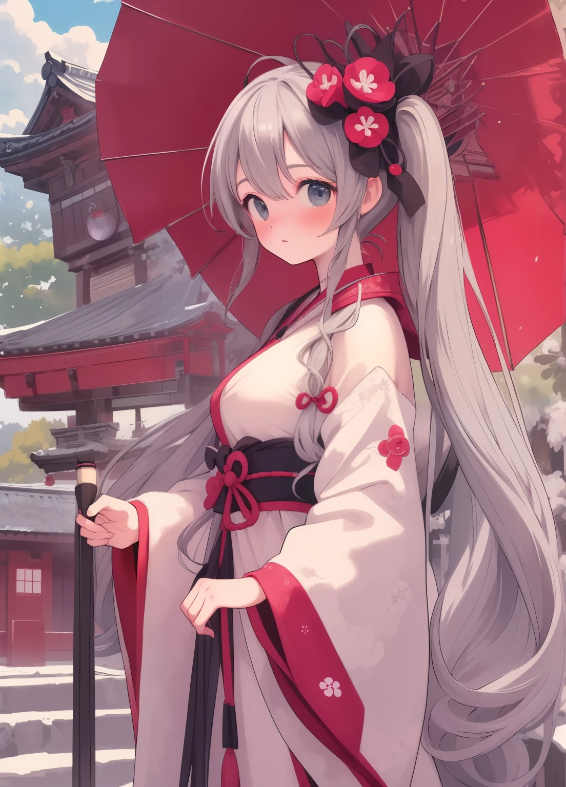 (masterpiece、Highest quality、Highest quality、Official Art、Beautiful and beautiful:1.2)、(One person:1.3)Hatsune Miku、Twin tails,Beautiful breasts, Katsushika Hokusai,Yuri、Gray Hair、Fox、Warrior、shrine、Long Hair、Highest quality,woman、Shrine maiden costume