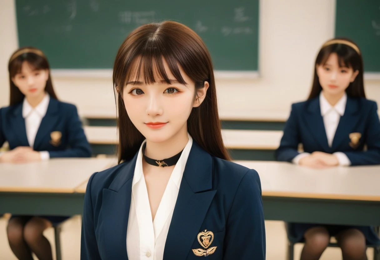 score_9, score_8, score_8up, score_7, Highest quality、masterpiece, group、((White tight collared shirt, blazer、mini skirt, uniform,)), Large Breasts, ((Layered Haircut)), Slim body, Slim face（8k，Highest quality），Shot from medium distances，classroom,  Adorable， smile， Long brown hair， 32K, masterpiece， Best image quality，Ultra-high resolution，Perfect hands，Black choker、Almond Eye、bangs、Very thick and long eyelashes, ((Big Breasts))、Students listening to the lecture、A dreamy look、Natural Makeup、They are sitting side by side taking a class、Cleavage