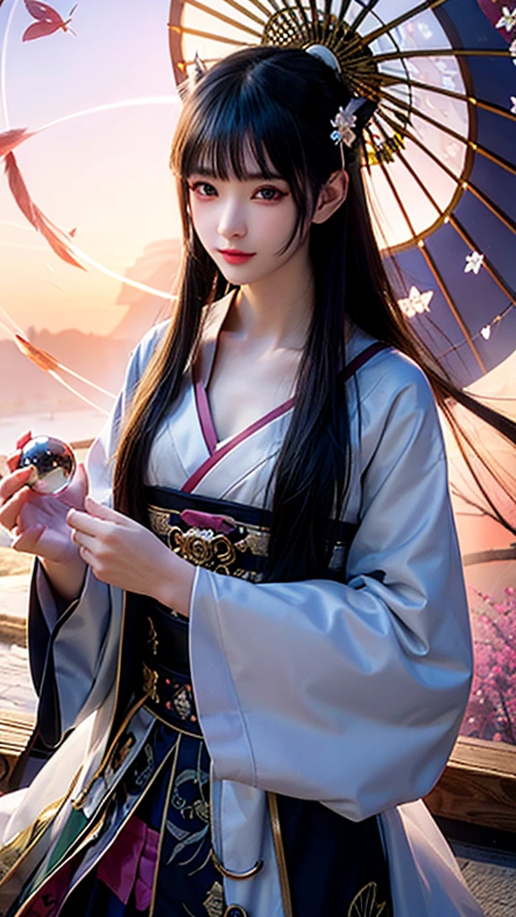 fortune teller、Shrine maiden、1 beauty、Cat Eyes、front、Make eye contact、Clear skin、mysterious、Fantasy、Fantasy、Flower pattern kimono、Gray Eyes、Heavy makeup、Solemn、Take a closer look、Cat Eyes、Face close-up、Benefits、Crystal ball background sparkling、Background Black、A soft and lustrous image