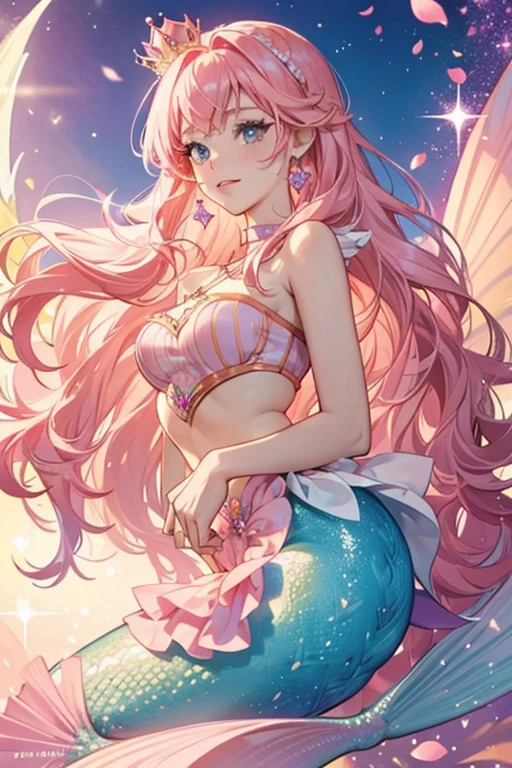 Milagra is a light peach mermaid with pink hair.
She wears a pink/purple top with jewels Her skirt is a multi-colored mermaid fin.
She comes with a pink crown and removable pink fin. SPARKLE; GLITTER