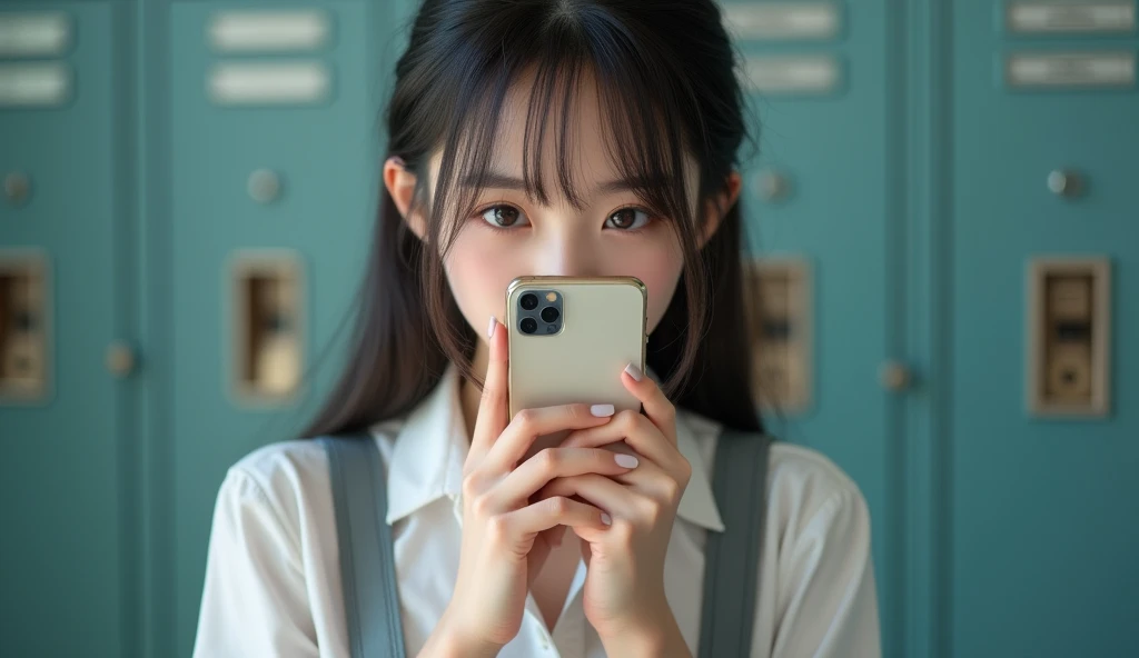 High school girl hiding her mouth with her smartphone、Beauty