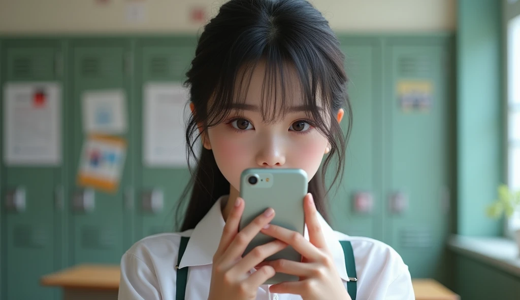 High school girl hiding her mouth with her smartphone、Beauty