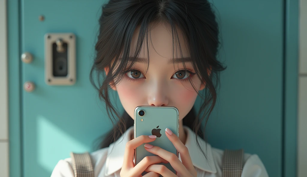 High school girl hiding her mouth with her smartphone、Beauty