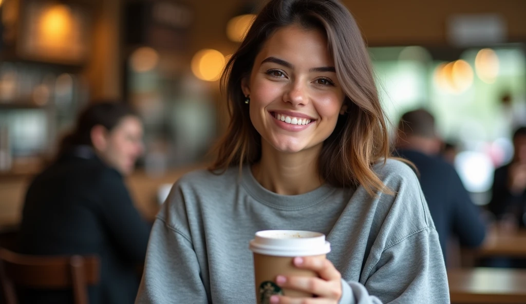 Gorgeous 20 year old girl, with straight hair, Poil long, brown-hair, Brown eyes, métis, generous chest, tenant dans sa main café, dans un starbucks, realistic, smiling, habillé avec un sweat oversize gris, espagnole, with other people, assise, post Instagram