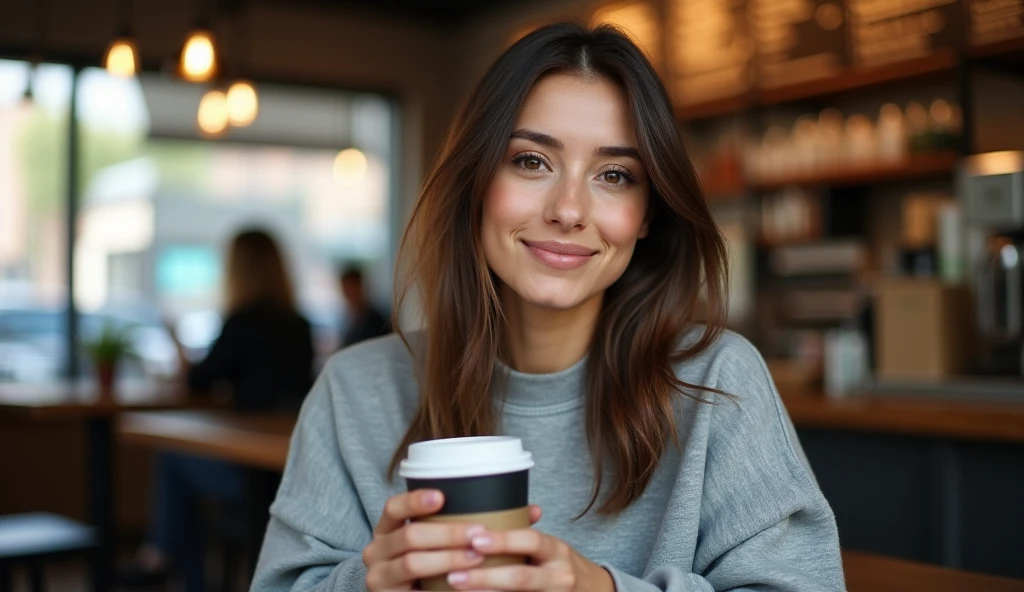 Gorgeous 20 year old girl, with straight hair, Poil long, brown-hair, Brown eyes, métis, generous chest, tenant dans sa main café, dans un starbucks, realistic, smiling, habillé avec un sweat oversize gris, espagnole, with other people, assise, post Instagram