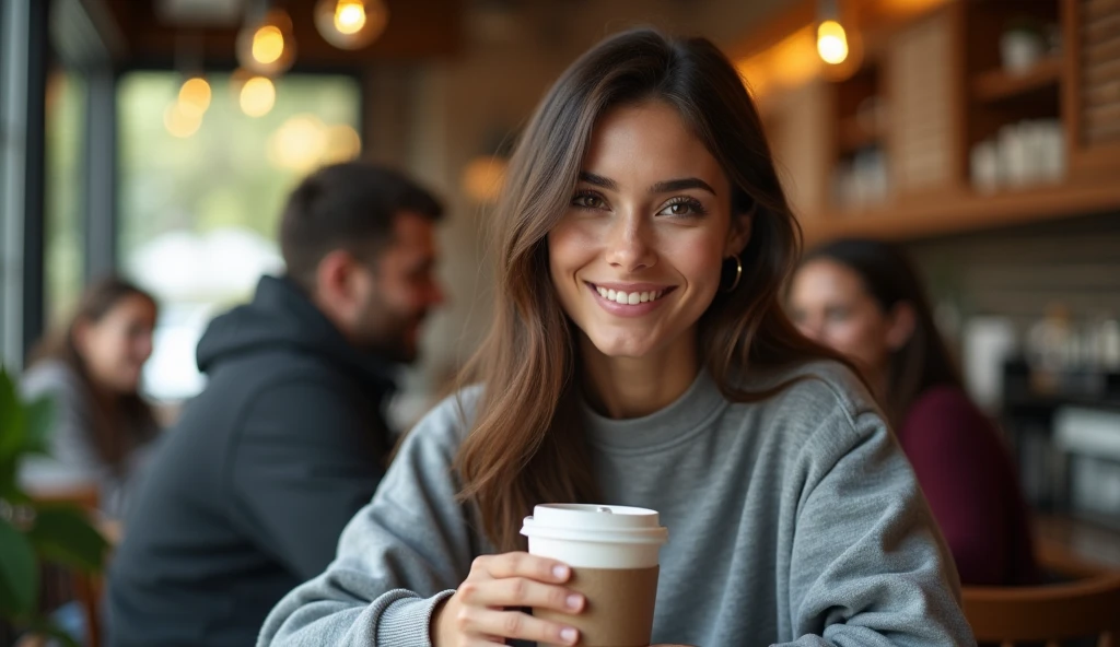 Gorgeous 20 year old girl, with straight hair, Poil long, brown-hair, Brown eyes, métis, generous chest, tenant dans sa main café, dans un starbucks, realistic, smiling, habillé avec un sweat oversize gris, espagnole, with other people, assise, post Instagram