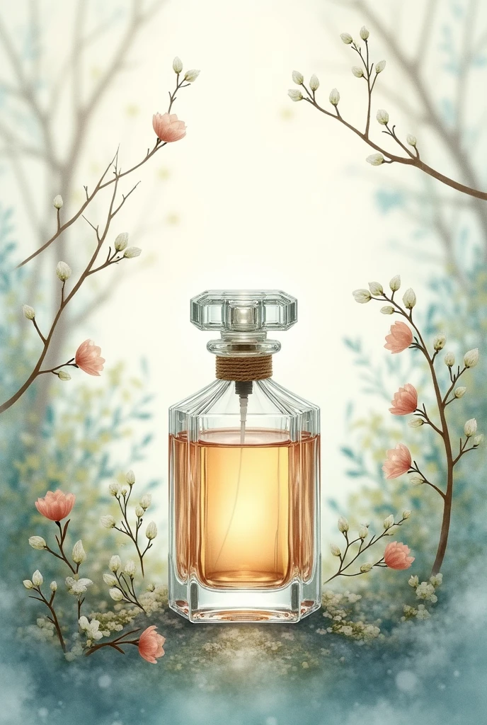 Old perfume bottle, Watercolor painting, Small branches around