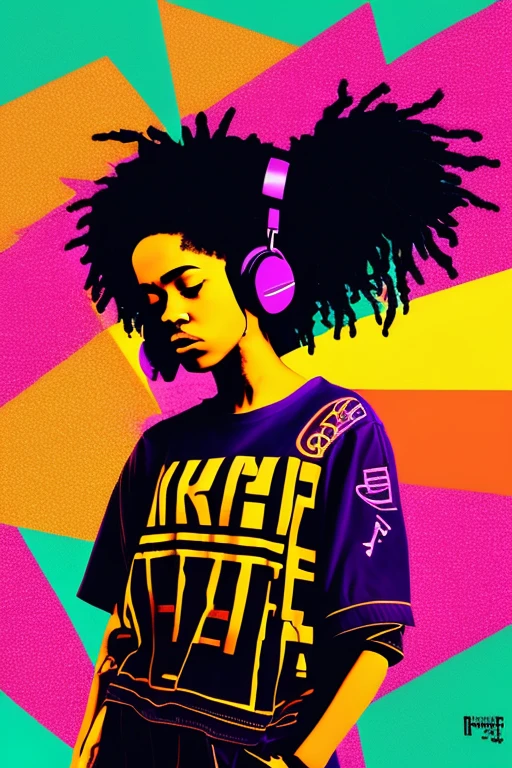 A background filled with scattered musical notes in various sizes and colors、

Creative logo illustration of a silhouette with dreadlocks and red headphones, 
Banksy、
A background completely filled with scattered musical notes in various sizes and colors, covering the entire screen.

beautiful girl colorful image

Dance hiphop Dance CREW  Waacking Dance

Punking 

black medium hair black medium hair 

Five fingers Baggy clothes Baggy clothes
HIPHOP crew、