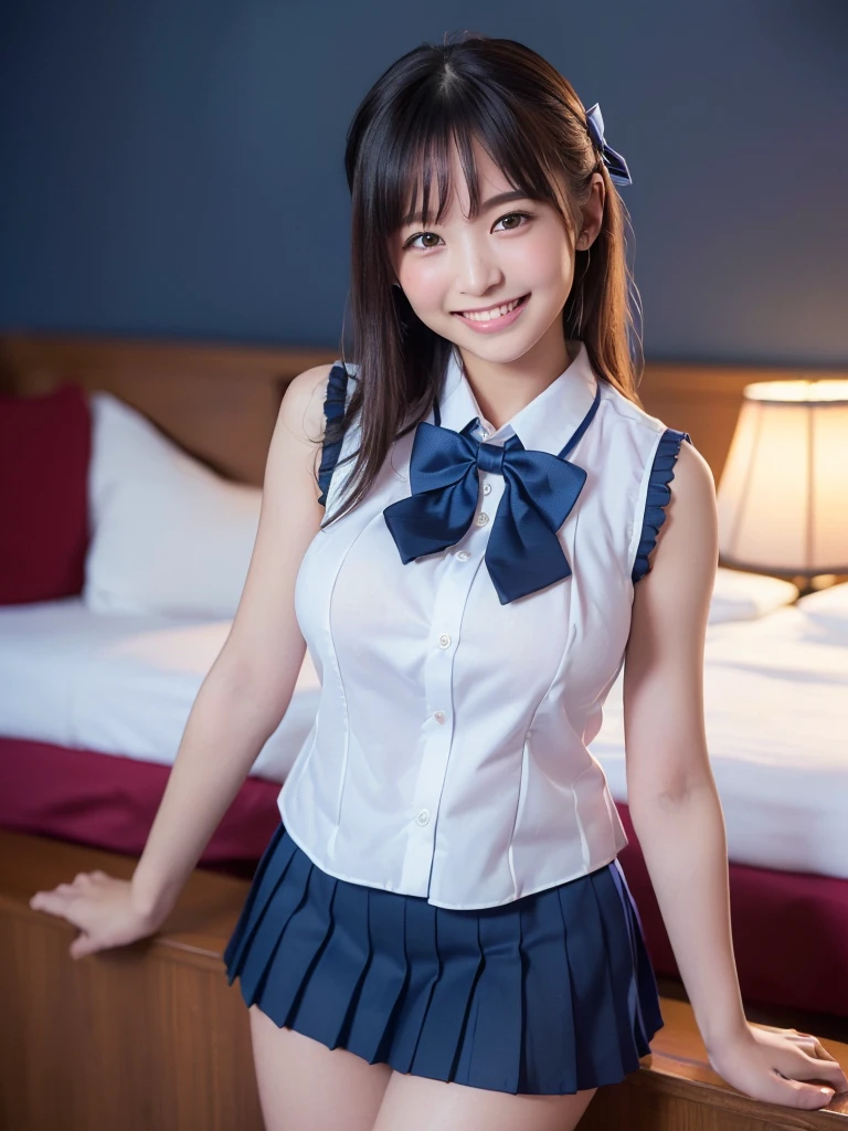 (Highest quality:1.5)、(masterpiece:1.5)、(8k:1.5)、(Big Breasts:1.35)、(Sleeveless white business shirt:1.5)、(Very short pleated skirt in dark blue color:1.5)、(Red bow tie:1.3)、(Schoolgirl uniform:1.5)、(Slender:1.2)、(Blushing:1.5)、(Feeling embarrassed:1.5)、(smile:1.5)、(The background is the hotel:1.7)、whole body、Hotel Bed、(Erect nipples:1.3)、(Thin and beautiful legs:1.3)