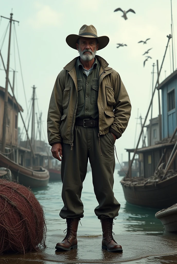A man in fisherman's clothes, with a fisherman's hat covering his face.