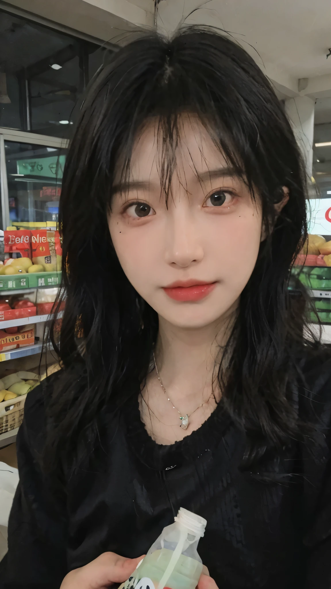 Best quality,Ultra-high resolution,(Realism:1.4),cute,cute发夹,girll,Cropped black sweater,Look directly at the audience,Full of atmosphere,Beautiful woman with a slim figure:1.4,supermarket,whole body,Super delicate face,Exquisite eyes,Double eyelids,necklace