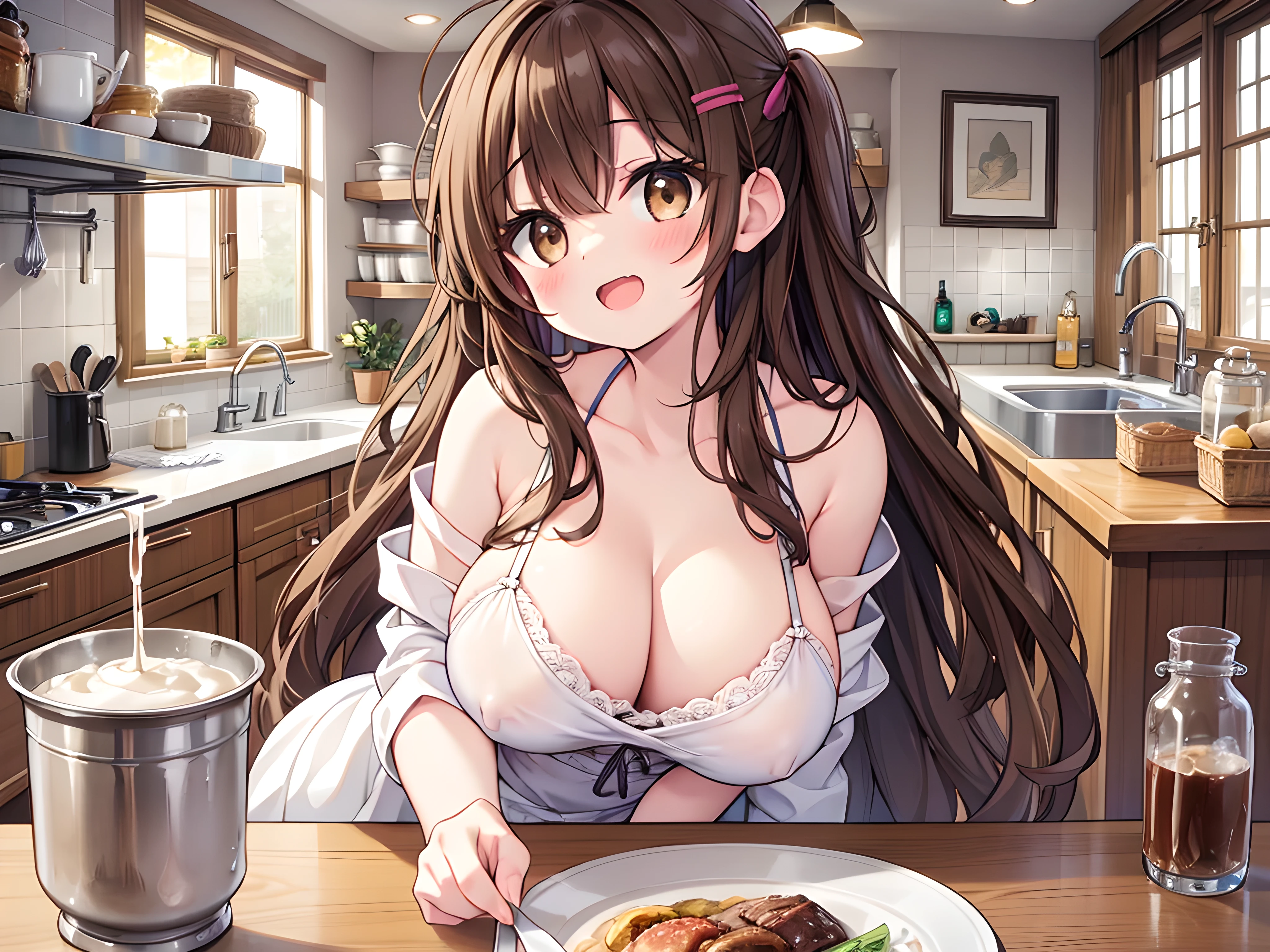grab breasts,lactation,
1girl,solo, brown long hair,(messy hair),large breasts,brown eyes,happy,open mouth,hairpin,
lactation into cup,pov across table,projectile lactation,kitchen