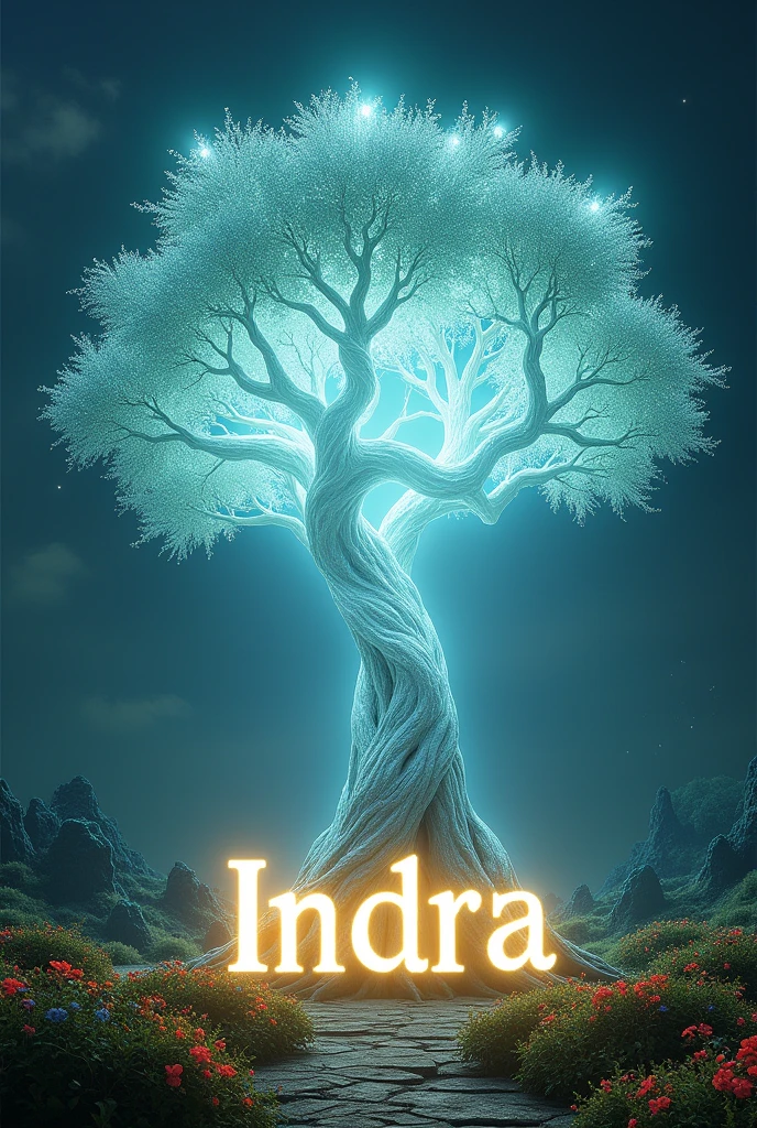 magical scene, tree of white light with bright flowers on the sides, near the roots in the center the word "indra" will be written in luminous serif letters