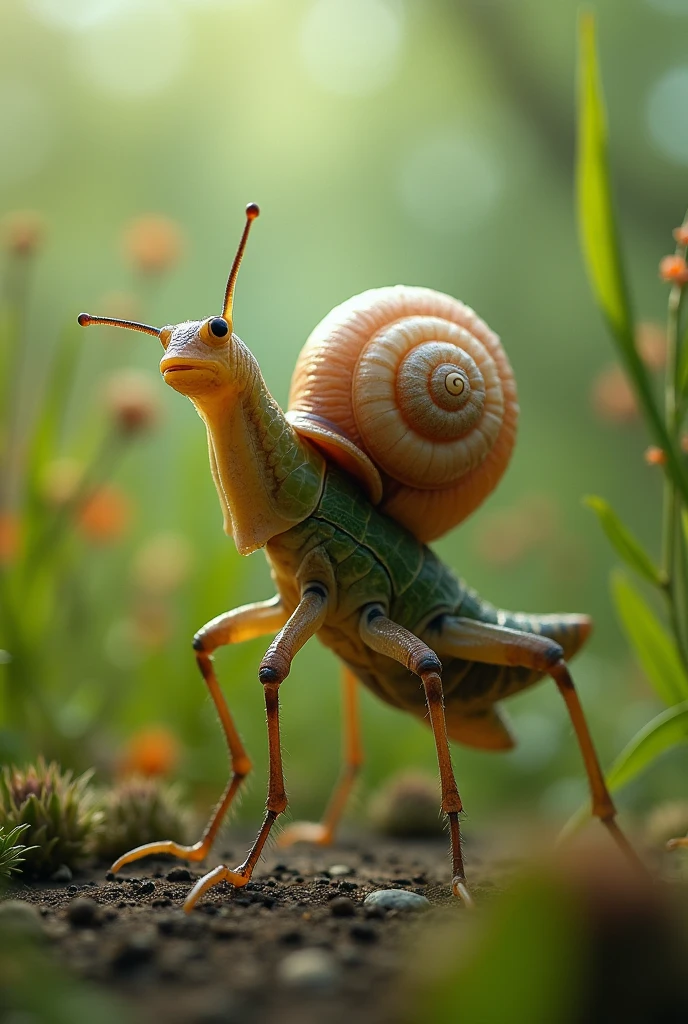 Naked snail sitting on the back of a grasshopper . The snail has no house