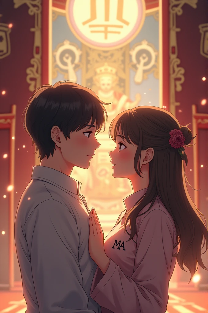 Korean anime couple in front of the altar with initials M and A on their chest
