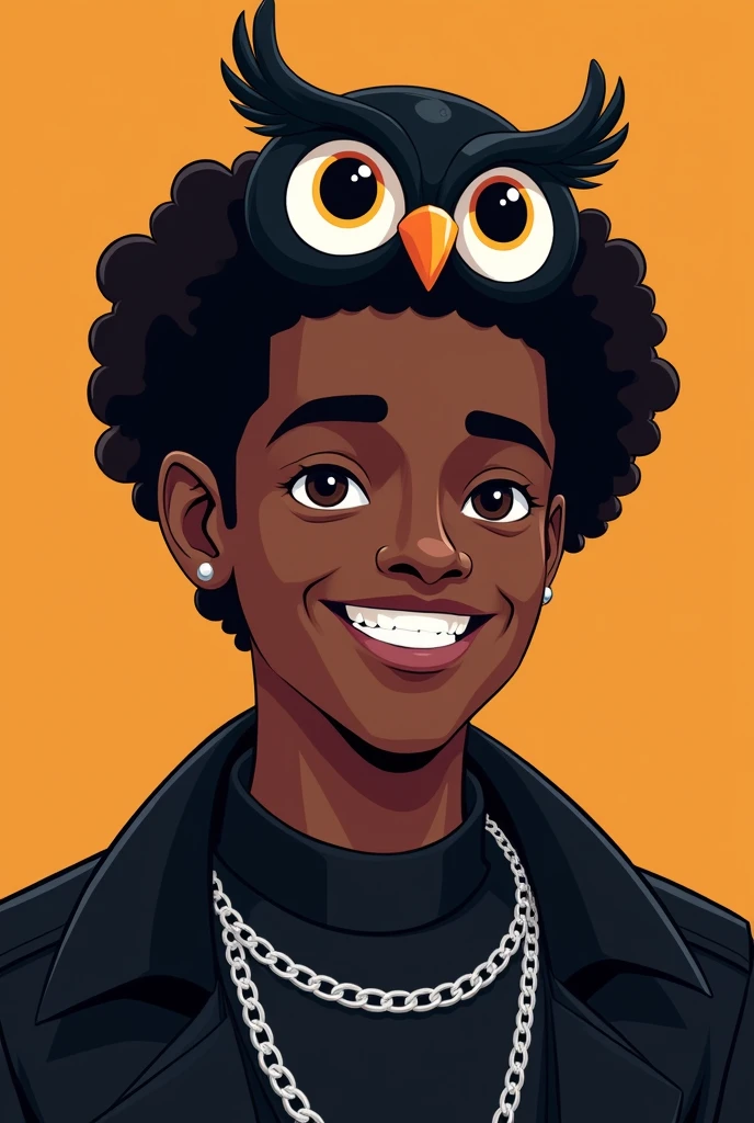 Make a male character with dark SKIN and curly black hair, with black eyes, With a smile on his face, an owl hat, a black outfit with a silver chain, do this in the style of the logo for the YouTuber