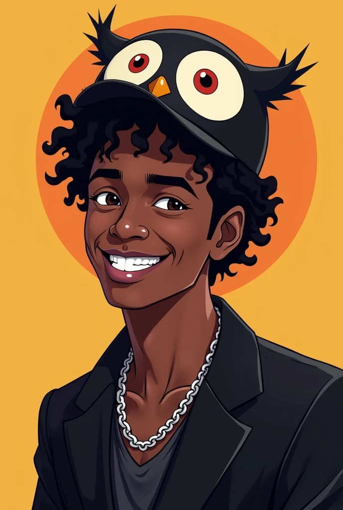 Make a male character with dark SKIN and curly black hair, with black eyes, With a smile on his face, an owl hat, a black outfit with a silver chain, do this in the style of the logo for the YouTuber