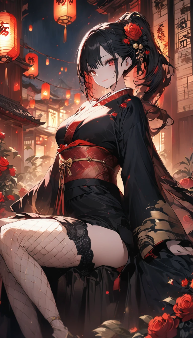 masterpiece, anime girl in kimono, (((kimono with red, gold and black flower details))), (((flower decorations in hair))) red flowers and lanterns, Japanese temple background, (((ornaments and background with red, black and gold details))), anime art wallpaper 4k, anime art wallpaper 8 K, anime style 4k, 4k anime wallpaper, 4k anime wallpaper, guweiz, beautiful animework art, beautiful anime art, beautiful anime girl, long hair, jet black hair, guweiz masterpiece