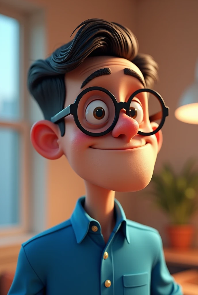 Cartoon character of a man in black glasses and blue shirt, an animated character, stylized character, animation style rendering, 3d stylized, Arnold Maya rendering, Stylized 3D rendering, toon render screenshot, 3d character, 3d character, Stylized 3D rendering, 3D character rendering, cartoon character, Personagem de close up, character posing, (Pixar-style) (master part:1.2) (bokeh) (best qualityer) (skin detailed) (detailed texture) (8k) (Argilla) (cinematic lighting) (sharp focus