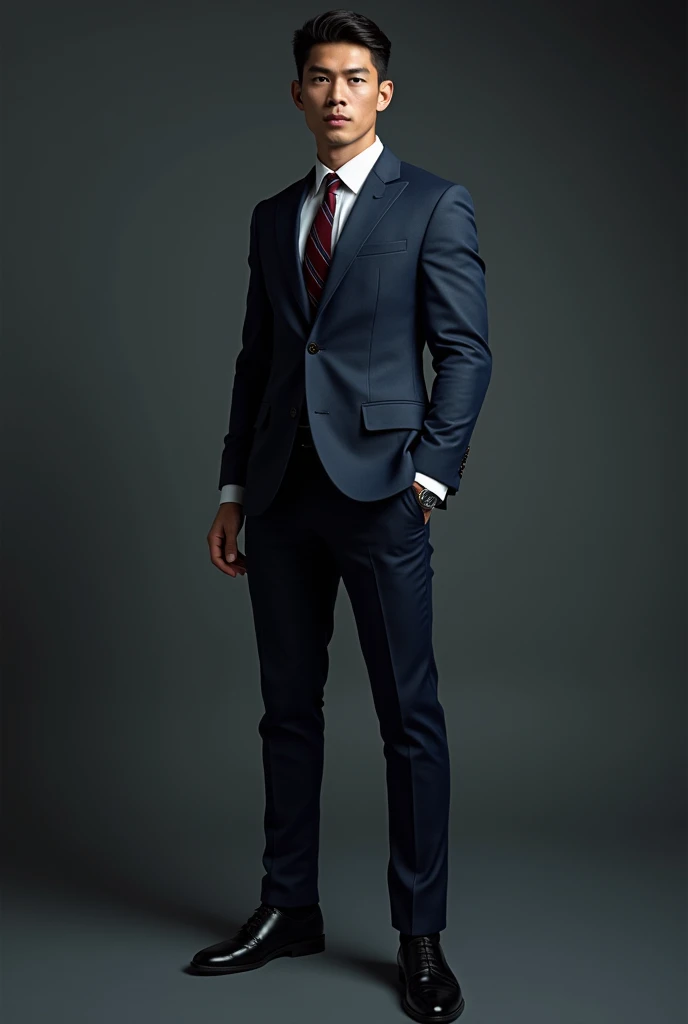 a tall lean muscular asian male model, detailed face, beautiful detailed eyes, beautiful detailed lips, extremely detailed eyes and face, long eyelashes, white dress shirt, Neapolitan style Wool Navy suit with width peak lapel, black oxford dress shoes with black dress socks, Burgundy/Navy stripe necktie, high fashion, dynamic pose, studio lighting, 8k, best quality, photorealistic