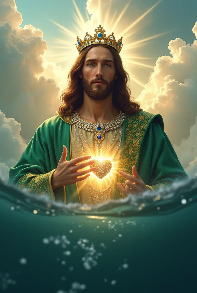 (photorealism:1.2), handsome Jesus Christ, his feet is visible floating in the blue water of the sea, wearing the green color of King elegant clothes with many diamonds and crown sparkling with light, the head and heart lighting all over, focus on face looking at the camera, nice hair, outdoors, feet finger is five, bright lighting, so many clouds and blue sea water in the background, so many clouds and dove all over, cozy blue sea, relaxed pose, realistic, intricate details, bright colors,