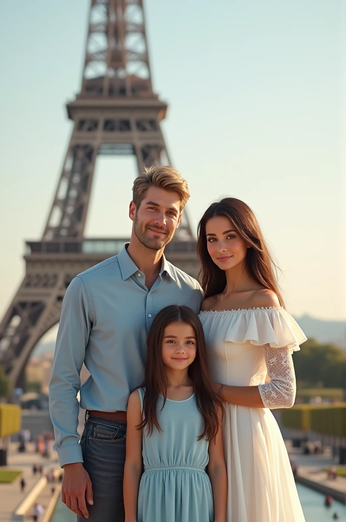 Brunette girl with brown eyes, long hair and is wearing a light blue dress and is with her family. The mother is black, has medium hair and is wearing a white dress. The father is light-haired and is wearing casual clothes. The background is in Paris at the Eiffel Tower.