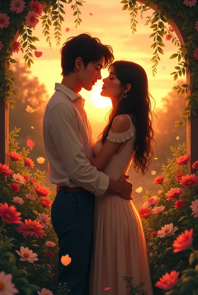 Two young men both poets (man and woman) They meet in a flower garden and embrace each other on a sunset afternoon