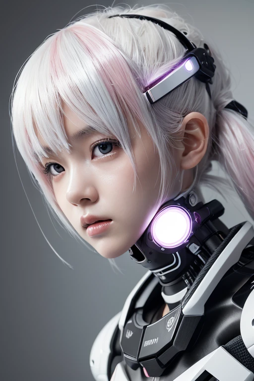 masterpiece, (photo realistic:1.2), (photo realistic:1.3), mechanized cyborg japanese girl, puffy face, broad jawline, light silver baby pink hair, (white and black:1.3), from bottom