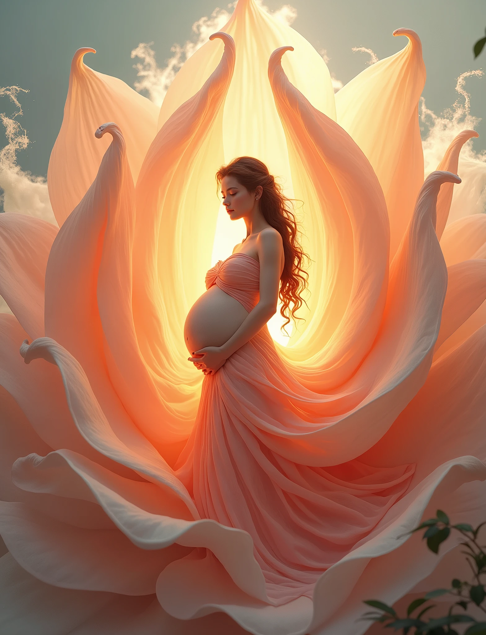 pregnant woman in blue dress standing in a large flower, digital art inspired by Igor Kieryluk, trending on cg society, digital art, maternal photography 4 k, perky woman made of petals, pregnant belly, stunning elegant pose all pose different , flower goddess, lady with glowing flowers dress, maternity feeling, dressed in a flower dress, photo manipulation, beautiful and graceful, pregnant, leaf flowing in air, cloudy effect  some flowers leaf 
