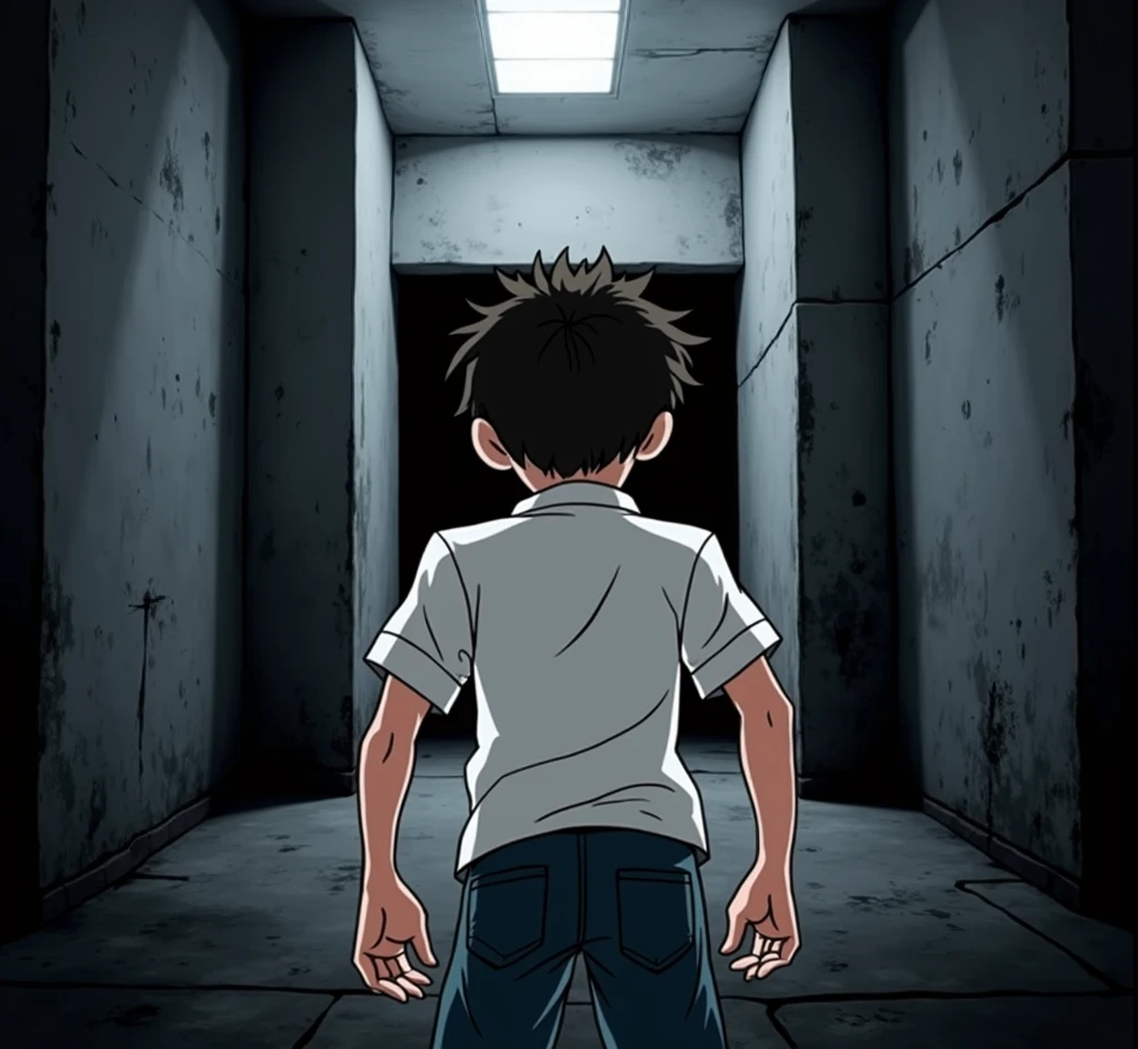 scared boy with his back turned, He is in front of a wall (It&#39;s a dead end). (animated)