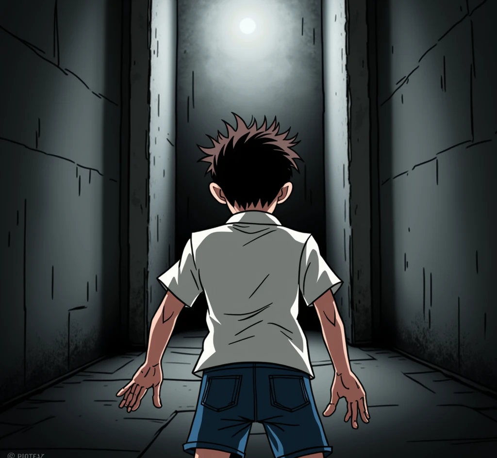scared boy with his back turned, He is in front of a wall (It&#39;s a dead end). (animated)