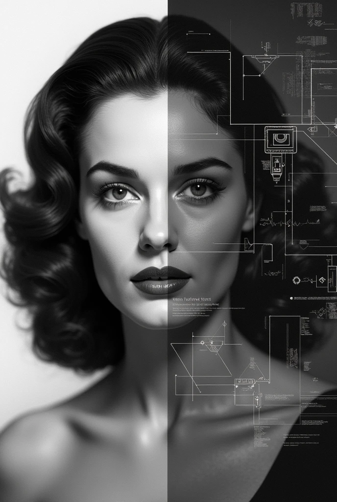 Timeless portrait of Hedy Lamarr, blending elements of both her Hollywood legacy and her contributions to science, half classic black and white, half modern digital effects, elegant and respectful.